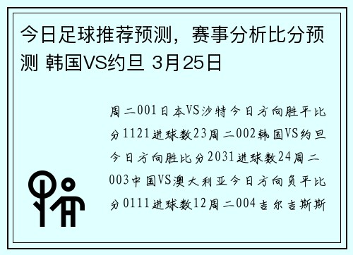 今日足球推荐预测，赛事分析比分预测 韩国VS约旦 3月25日