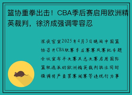 篮协重拳出击！CBA季后赛启用欧洲精英裁判，徐济成强调零容忍